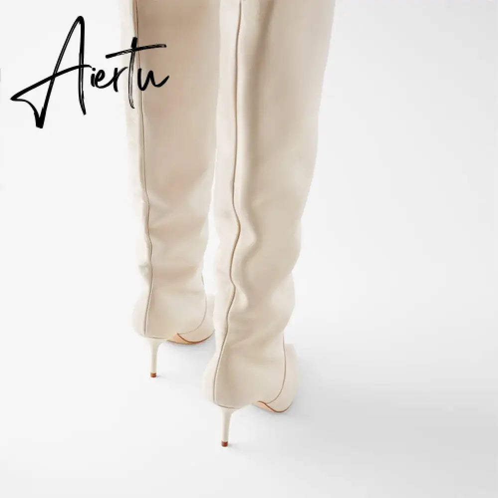 Aiertu Ins Women Real Leather Knee High Boots For Women Winter Shoes Sexy Party Thin Heel Boots Ladies Footwear Size 34-43 Aiertu