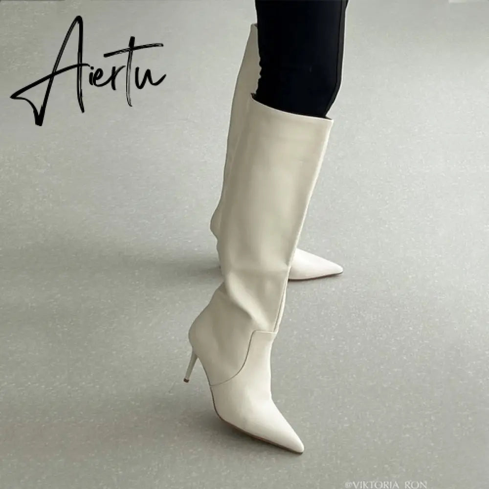 Aiertu Ins Women Real Leather Knee High Boots For Women Winter Shoes Sexy Party Thin Heel Boots Ladies Footwear Size 34-43 Aiertu