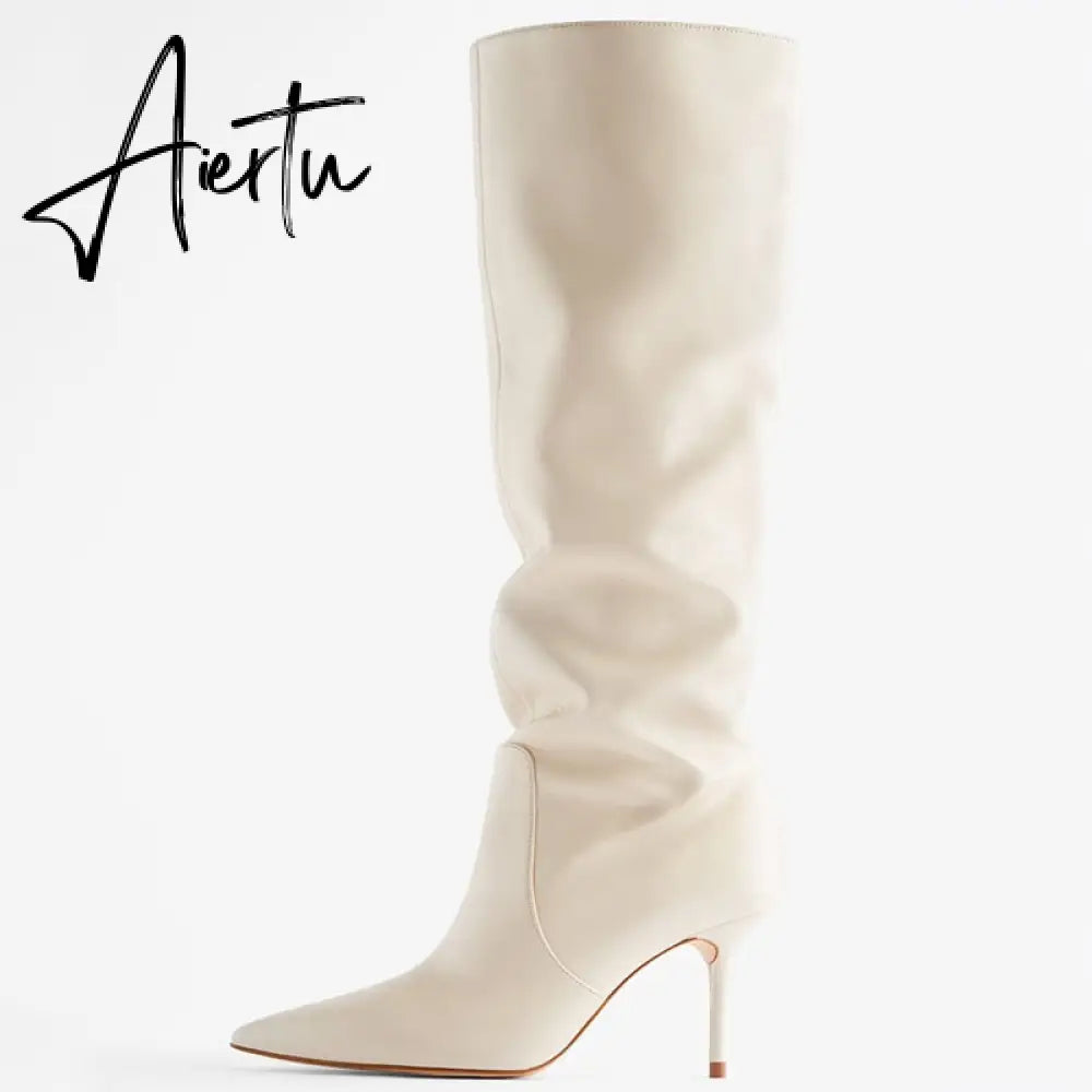 Aiertu Ins Women Real Leather Knee High Boots For Women Winter Shoes Sexy Party Thin Heel Boots Ladies Footwear Size 34-43 Aiertu