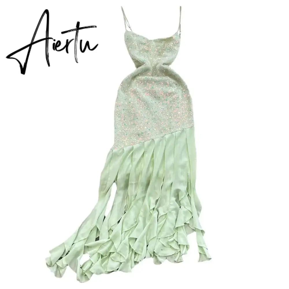 Aiertu  Irregular Tassels Fishtail Evening Dress for Women Sleeveless V-neck Backless Glitter Sequin Long Dress Party Gown Aiertu