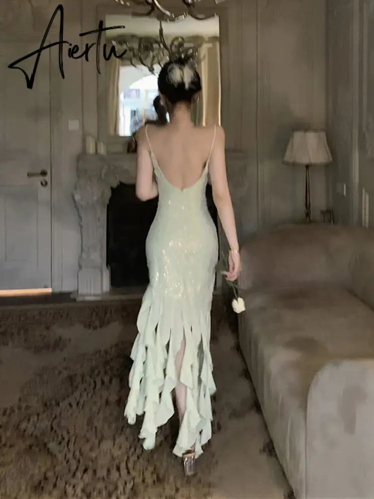 Aiertu  Irregular Tassels Fishtail Evening Dress for Women Sleeveless V-neck Backless Glitter Sequin Long Dress Party Gown Aiertu