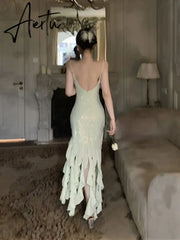 Aiertu  Irregular Tassels Fishtail Evening Dress for Women Sleeveless V-neck Backless Glitter Sequin Long Dress Party Gown Aiertu