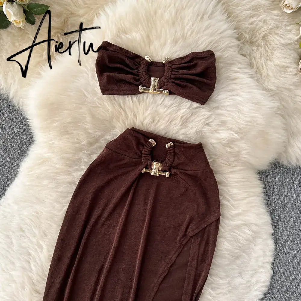 Aiertu Irregular Women Summer Sets Party Slim Solid Elastic Waist Split Sets Elegant Ladies Romantic Sexy Two Piece Sets Aiertu