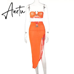 Aiertu Irregular Women Summer Sets Party Slim Solid Elastic Waist Split Sets Elegant Ladies Romantic Sexy Two Piece Sets Aiertu