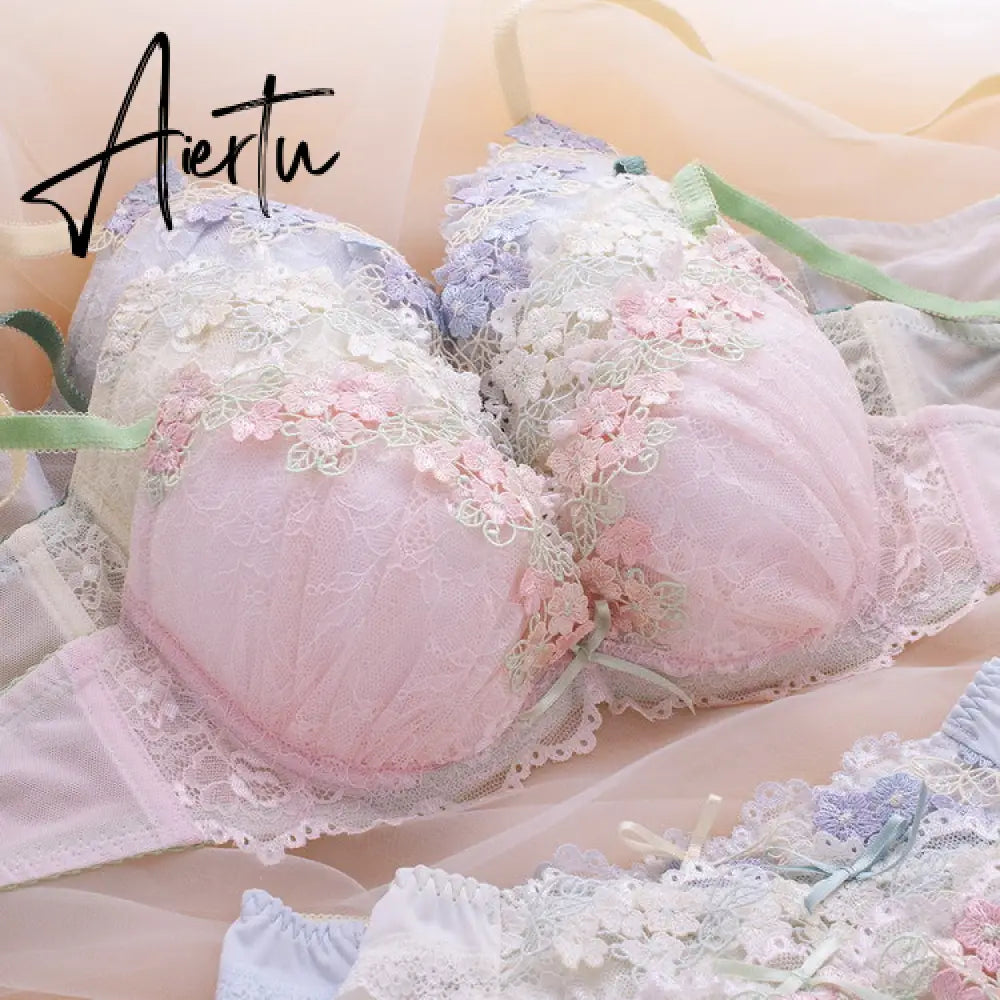 Aiertu Japanese Cute Sweet Push Up Bras For Women Plus Size Underwear Lingerie Intimates Embroidery Floral Flower Comfort Bra Bralette Aiertu