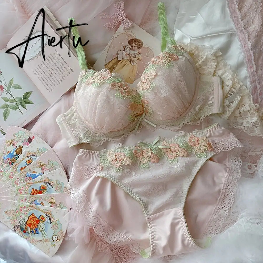 Aiertu Japanese Cute Sweet Push Up Bras For Women Plus Size Underwear Lingerie Intimates Embroidery Floral Flower Comfort Bra Bralette Aiertu