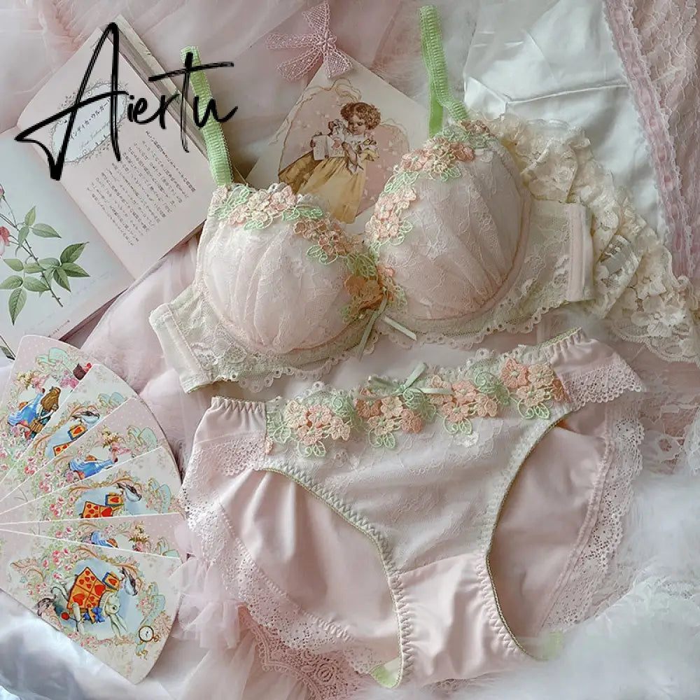 Aiertu Japanese Cute Sweet Push Up Bras For Women Plus Size Underwear Lingerie Intimates Embroidery Floral Flower Comfort Bra Bralette Aiertu