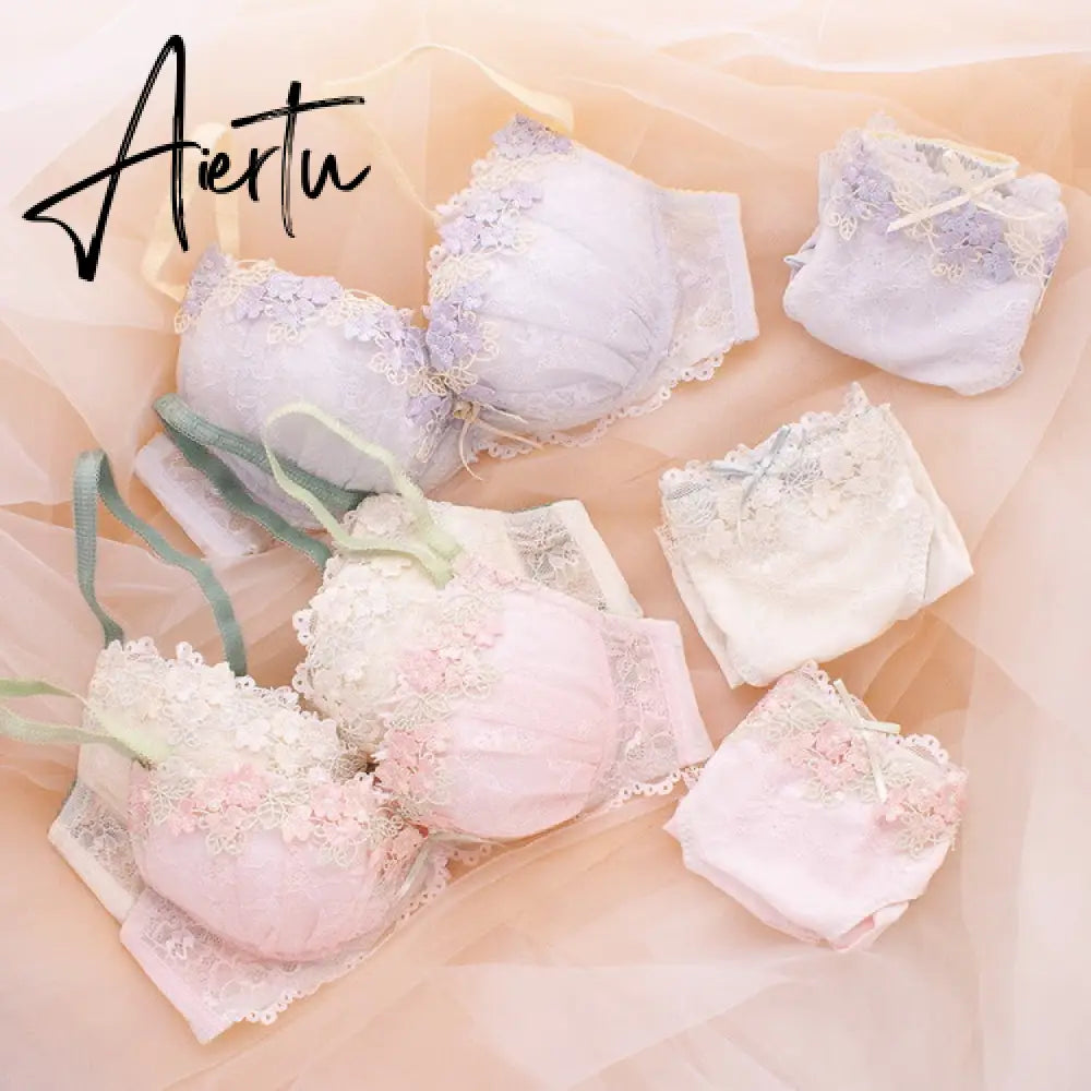 Aiertu Japanese Cute Sweet Push Up Bras For Women Plus Size Underwear Lingerie Intimates Embroidery Floral Flower Comfort Bra Bralette Aiertu