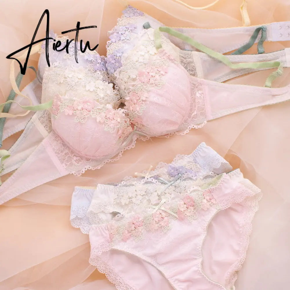Aiertu Japanese Cute Sweet Push Up Bras For Women Plus Size Underwear Lingerie Intimates Embroidery Floral Flower Comfort Bra Bralette Aiertu