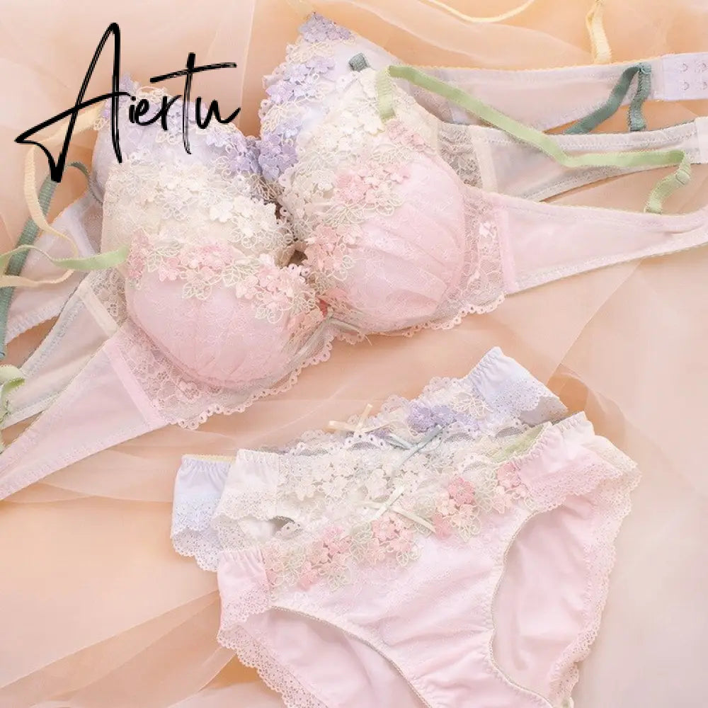Aiertu Japanese Cute Sweet Push Up Bras For Women Plus Size Underwear Lingerie Intimates Embroidery Floral Flower Comfort Bra Bralette Aiertu