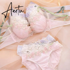 Aiertu Japanese Cute Sweet Push Up Bras For Women Plus Size Underwear Lingerie Intimates Embroidery Floral Flower Comfort Bra Bralette Aiertu