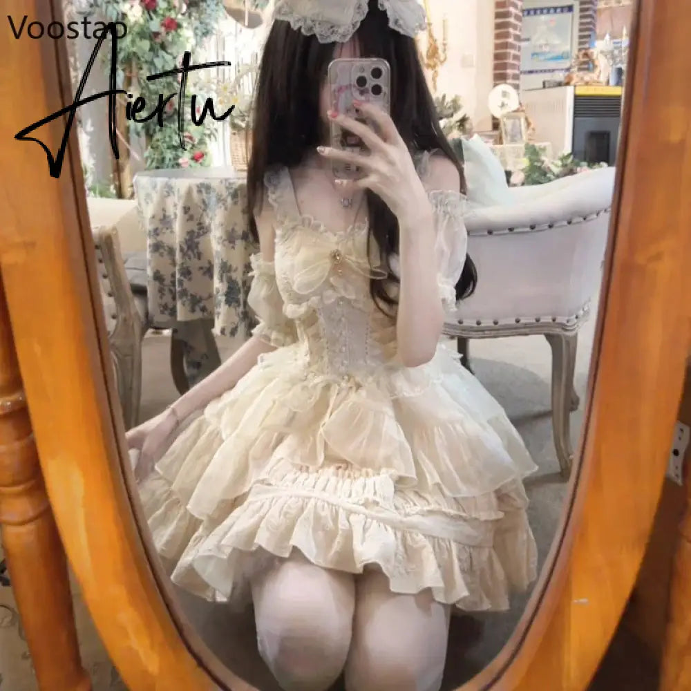 Aiertu Japanese Kawaii Lolita Jsk Dress Women Sweet Cute Bow Flower Wedding Party Mini Dresses Gothic Y2k Sleeveless Princess Dresses Aiertu