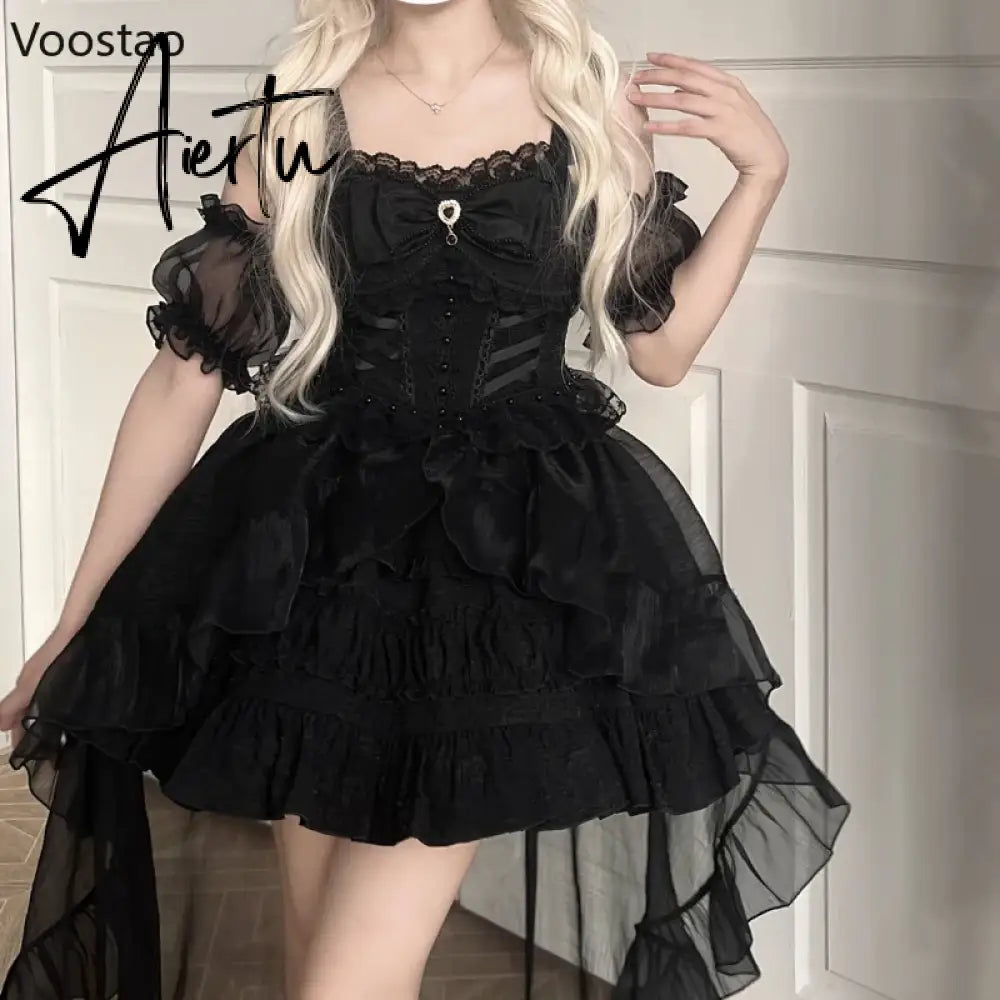 Aiertu Japanese Kawaii Lolita Jsk Dress Women Sweet Cute Bow Flower Wedding Party Mini Dresses Gothic Y2k Sleeveless Princess Dresses Aiertu