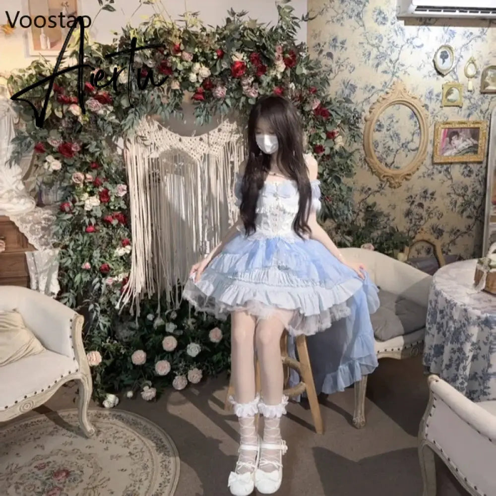Aiertu Japanese Kawaii Lolita Jsk Dress Women Sweet Cute Bow Flower Wedding Party Mini Dresses Gothic Y2k Sleeveless Princess Dresses Aiertu