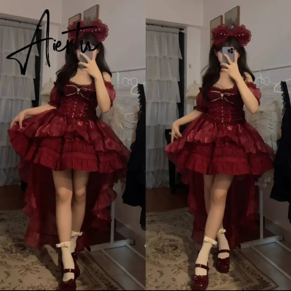 Aiertu Japanese Kawaii Lolita Jsk Dress Women Sweet Cute Bow Flower Wedding Party Mini Dresses Gothic Y2k Sleeveless Princess Dresses Aiertu