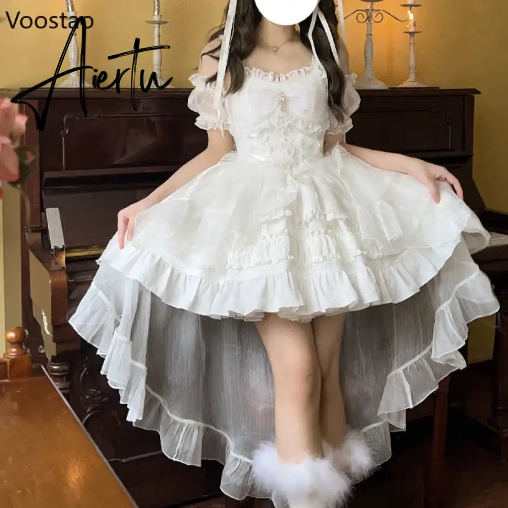 Aiertu Japanese Kawaii Lolita Jsk Dress Women Sweet Cute Bow Flower Wedding Party Mini Dresses Gothic Y2k Sleeveless Princess Dresses Aiertu