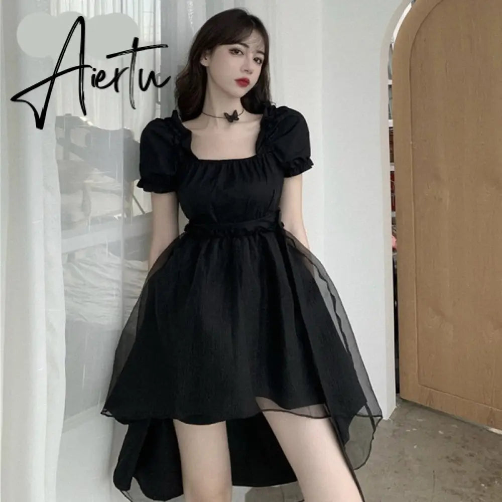 Aiertu  Japanese Lolita Dark Girly Gothic Victorian Black Organza Square Neck Puff Sleeve  Slim Dress Party Retro Dark Vintage Dresses Aiertu