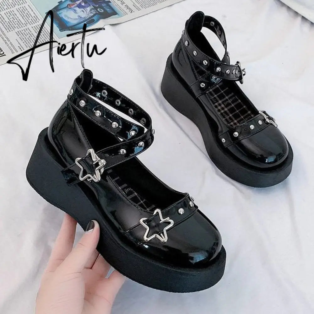 Aiertu Japanese Lolita Shoes Star Buckle Strap Mary Janes Women Cross-tied Platform Shoe Patent Leather Girls Rivet Casual Shoes Aiertu