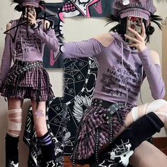 Aiertu Japanese Y2k Rabbit Hooded Striped T-shirt Vintage Hollow Out  Aesthetic Off Shoulder Grunge Streetwear Punk Aiertu