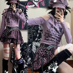 Aiertu Japanese Y2k Rabbit Hooded Striped T-shirt Vintage Hollow Out  Aesthetic Off Shoulder Grunge Streetwear Punk Aiertu