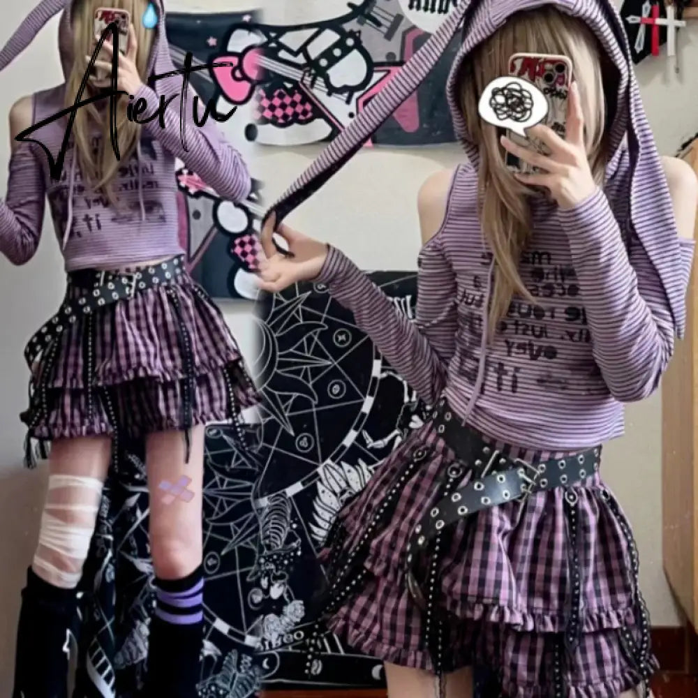 Aiertu Japanese Y2k Rabbit Hooded Striped T-shirt Vintage Hollow Out  Aesthetic Off Shoulder Grunge Streetwear Punk Aiertu
