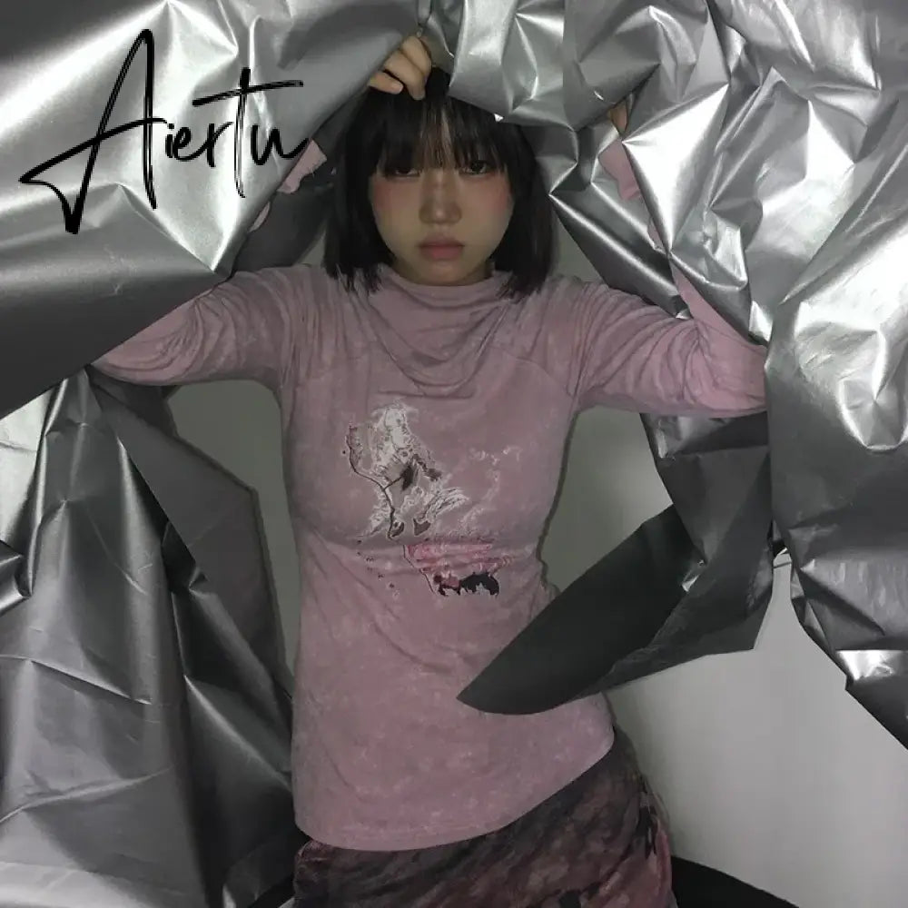 Aiertu Karrram Japanese Y2k Hooded T-shirt Vintage Tattoo Print Long Sleeve Tshirt Grunge Aesthetics Hooded Tops American Retro 2000s Aiertu