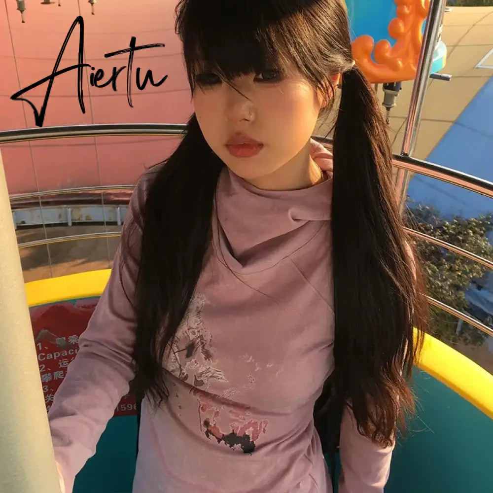 Aiertu Karrram Japanese Y2k Hooded T-shirt Vintage Tattoo Print Long Sleeve Tshirt Grunge Aesthetics Hooded Tops American Retro 2000s Aiertu