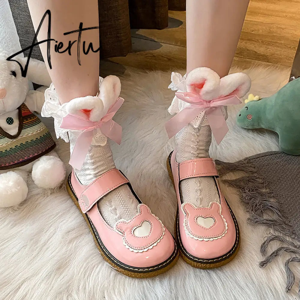 Aiertu  Kawaii Lolita Shoes Lovely Bear Patchwork Zapatillas Mujer Girls Mary Janes PU Japanese Style Student Footwear Sweet Shoes Woman Aiertu