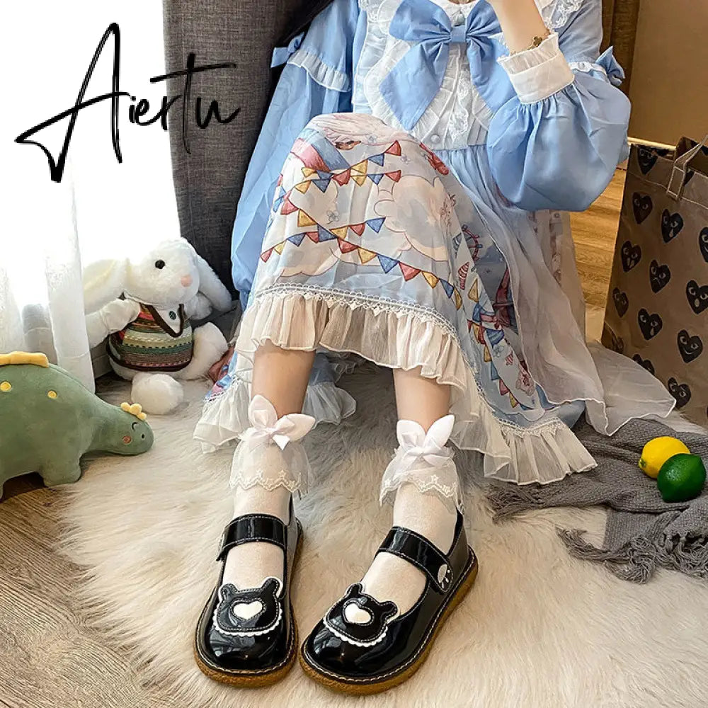 Aiertu  Kawaii Lolita Shoes Lovely Bear Patchwork Zapatillas Mujer Girls Mary Janes PU Japanese Style Student Footwear Sweet Shoes Woman Aiertu
