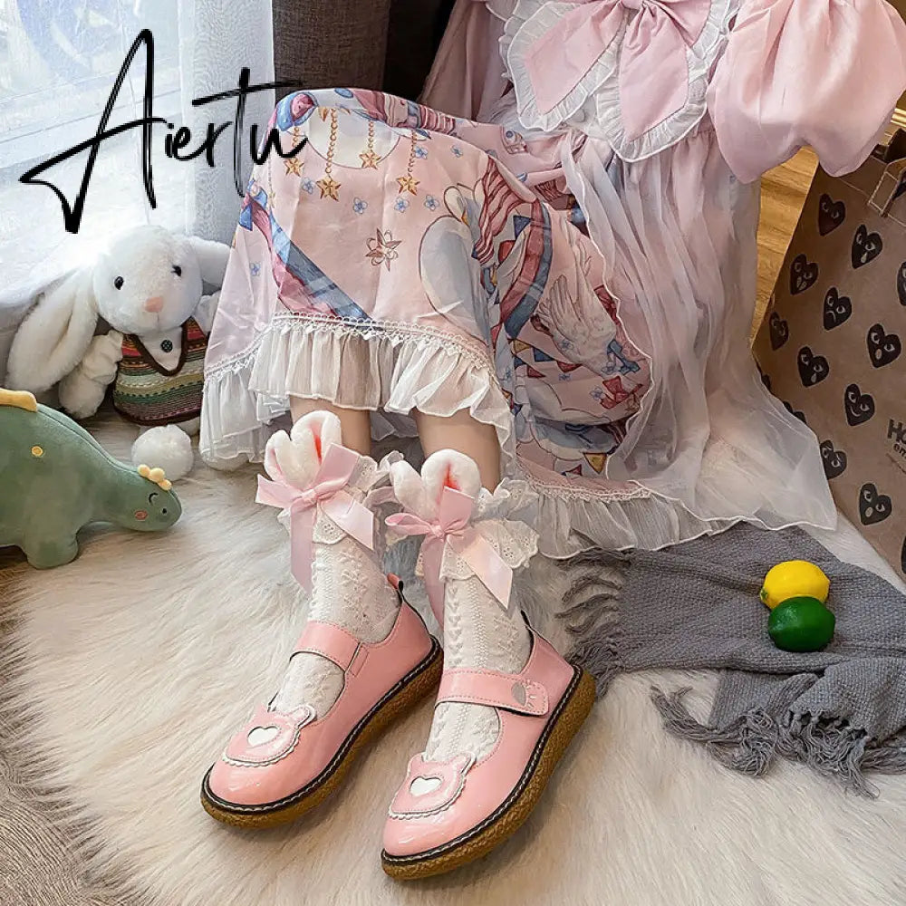 Aiertu  Kawaii Lolita Shoes Lovely Bear Patchwork Zapatillas Mujer Girls Mary Janes PU Japanese Style Student Footwear Sweet Shoes Woman Aiertu