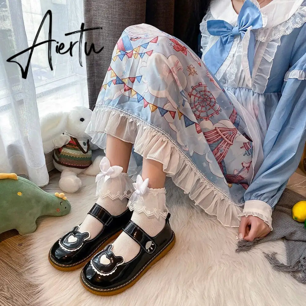 Aiertu  Kawaii Lolita Shoes Lovely Bear Patchwork Zapatillas Mujer Girls Mary Janes PU Japanese Style Student Footwear Sweet Shoes Woman Aiertu