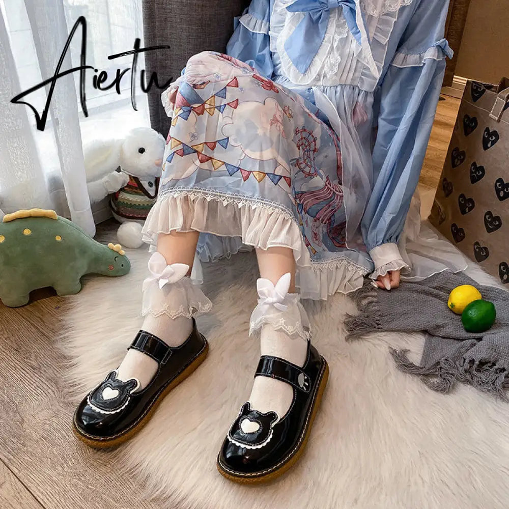 Aiertu  Kawaii Lolita Shoes Lovely Bear Patchwork Zapatillas Mujer Girls Mary Janes PU Japanese Style Student Footwear Sweet Shoes Woman Aiertu