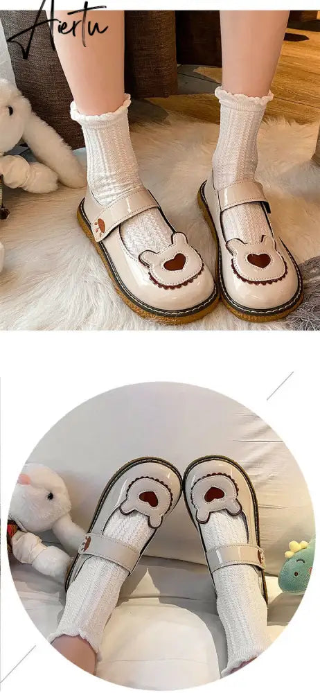 Aiertu  Kawaii Lolita Shoes Lovely Bear Patchwork Zapatillas Mujer Girls Mary Janes PU Japanese Style Student Footwear Sweet Shoes Woman Aiertu