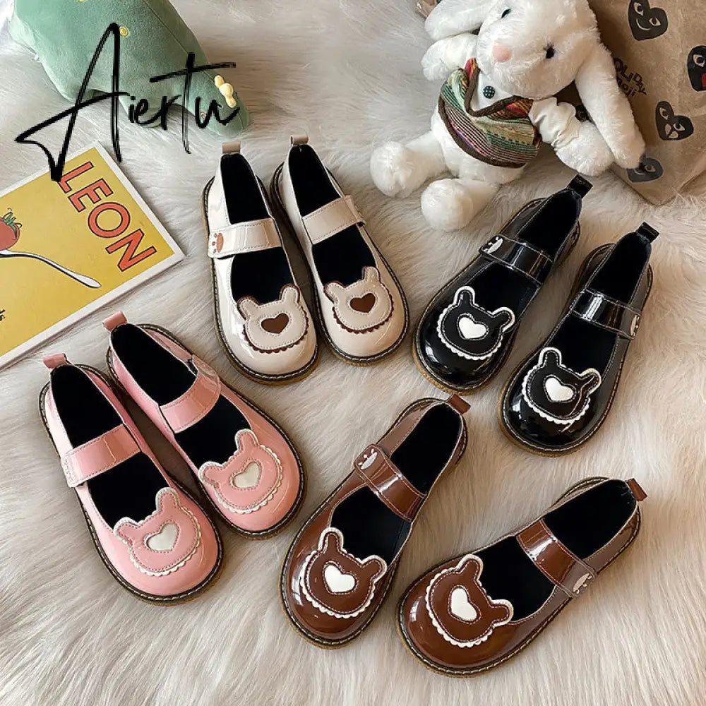 Aiertu  Kawaii Lolita Shoes Lovely Bear Patchwork Zapatillas Mujer Girls Mary Janes PU Japanese Style Student Footwear Sweet Shoes Woman Aiertu
