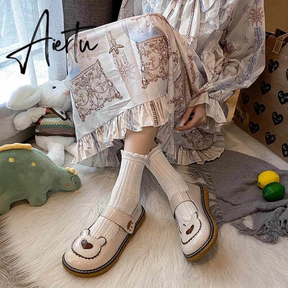 Aiertu  Kawaii Lolita Shoes Lovely Bear Patchwork Zapatillas Mujer Girls Mary Janes PU Japanese Style Student Footwear Sweet Shoes Woman Aiertu