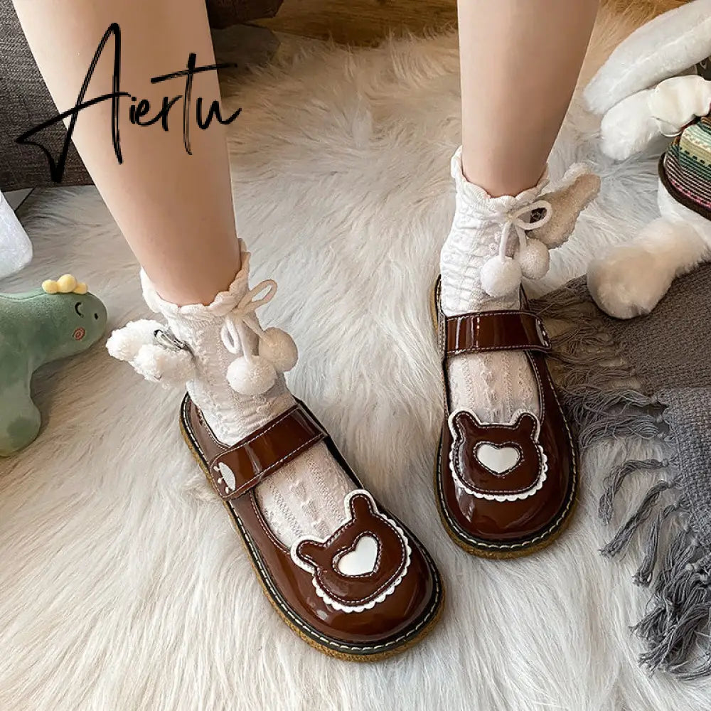 Aiertu  Kawaii Lolita Shoes Lovely Bear Patchwork Zapatillas Mujer Girls Mary Janes PU Japanese Style Student Footwear Sweet Shoes Woman Aiertu