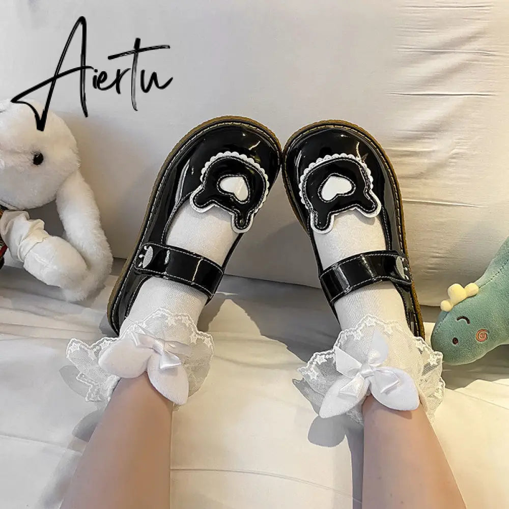 Aiertu  Kawaii Lolita Shoes Lovely Bear Patchwork Zapatillas Mujer Girls Mary Janes PU Japanese Style Student Footwear Sweet Shoes Woman Aiertu