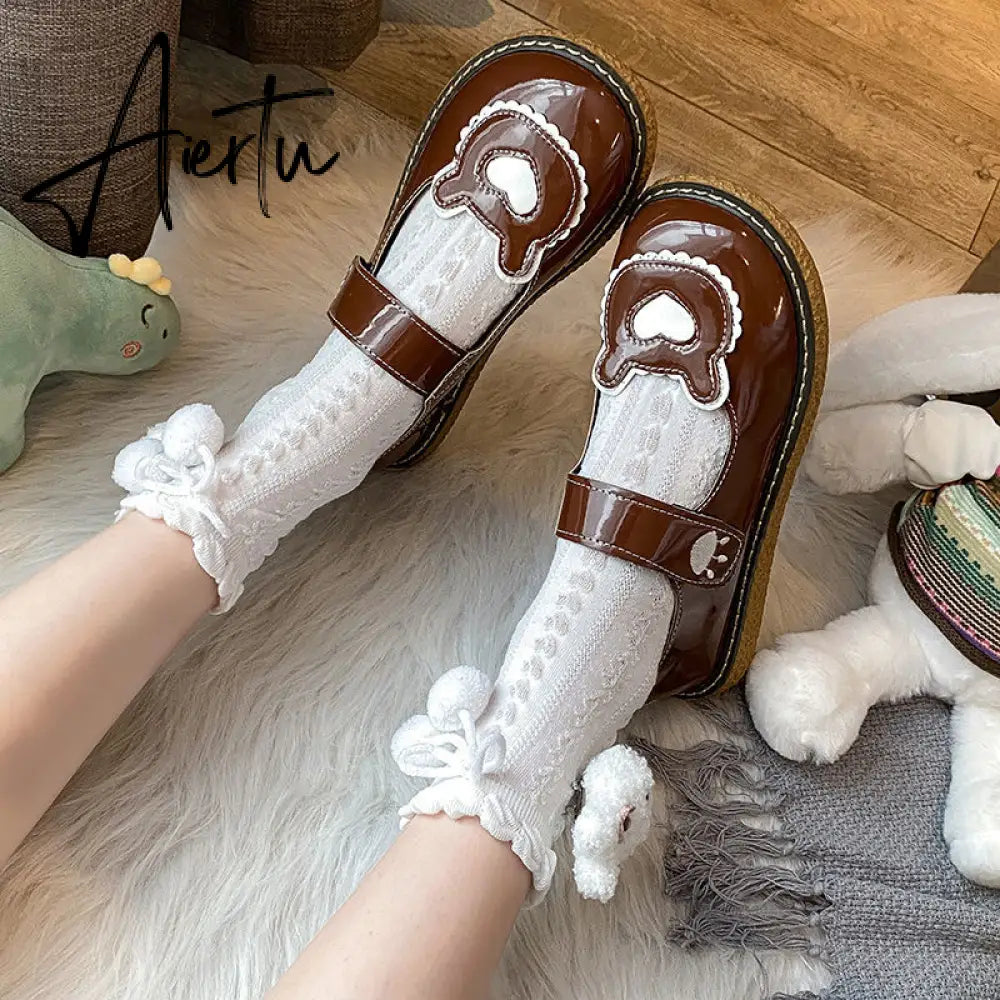 Aiertu  Kawaii Lolita Shoes Lovely Bear Patchwork Zapatillas Mujer Girls Mary Janes PU Japanese Style Student Footwear Sweet Shoes Woman Aiertu
