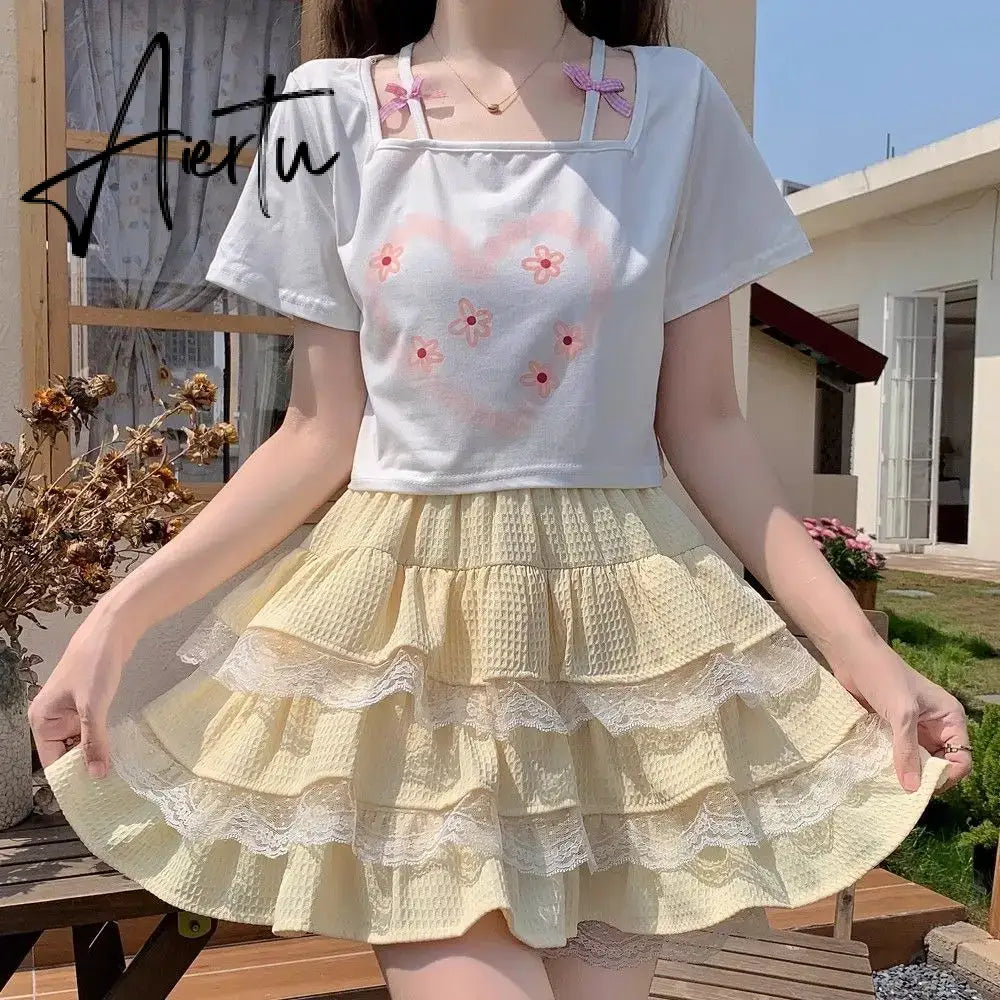 Aiertu Kawaii Lolita Skirt Women Cutecore High Waist A-line Lace Patchwork Cute Layered Ruffles Mini Skirt Summer Soft Girl Aiertu