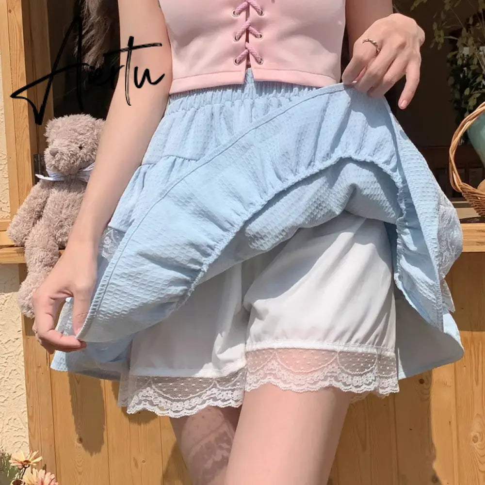 Aiertu Kawaii Lolita Skirt Women Cutecore High Waist A-line Lace Patchwork Cute Layered Ruffles Mini Skirt Summer Soft Girl Aiertu