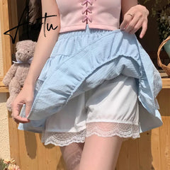 Aiertu Kawaii Lolita Skirt Women Cutecore High Waist A-line Lace Patchwork Cute Layered Ruffles Mini Skirt Summer Soft Girl Aiertu
