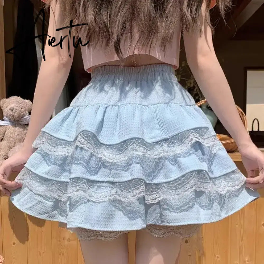Aiertu Kawaii Lolita Skirt Women Cutecore High Waist A-line Lace Patchwork Cute Layered Ruffles Mini Skirt Summer Soft Girl Aiertu