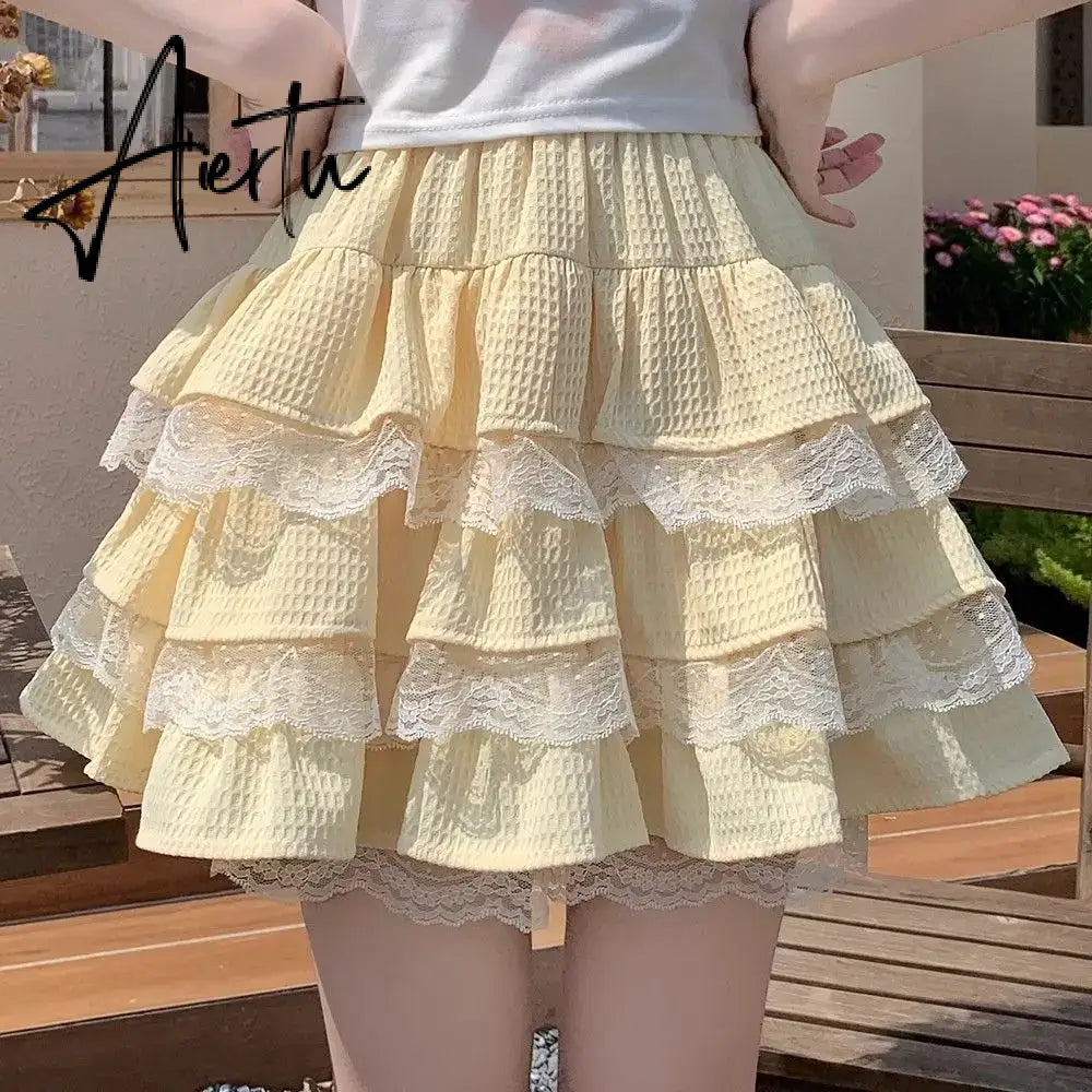 Aiertu Kawaii Lolita Skirt Women Cutecore High Waist A-line Lace Patchwork Cute Layered Ruffles Mini Skirt Summer Soft Girl Aiertu