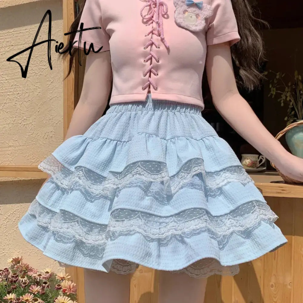 Aiertu Kawaii Lolita Skirt Women Cutecore High Waist A-line Lace Patchwork Cute Layered Ruffles Mini Skirt Summer Soft Girl Aiertu