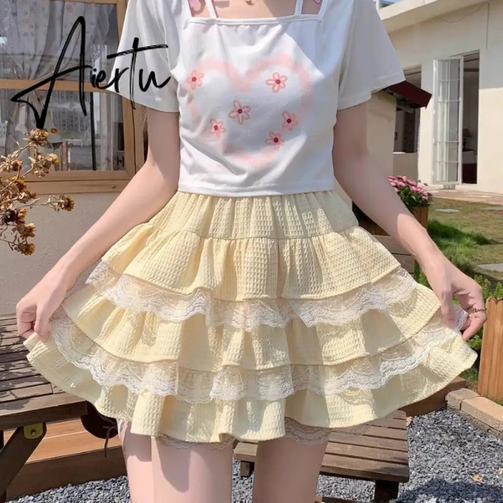Aiertu Kawaii Lolita Skirt Women Cutecore High Waist A-line Lace Patchwork Cute Layered Ruffles Mini Skirt Summer Soft Girl Aiertu