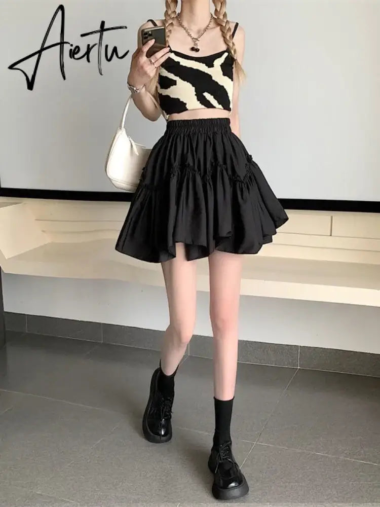 Aiertu Kawaii Mini Skirts Women White Fungus Patchwork Summer Sweet Cute Pleated Skirt Black Goth Lolita Preppy Style Y2k Aiertu