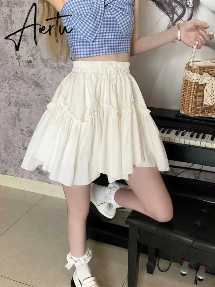 Aiertu Kawaii Mini Skirts Women White Fungus Patchwork Summer Sweet Cute Pleated Skirt Black Goth Lolita Preppy Style Y2k Aiertu