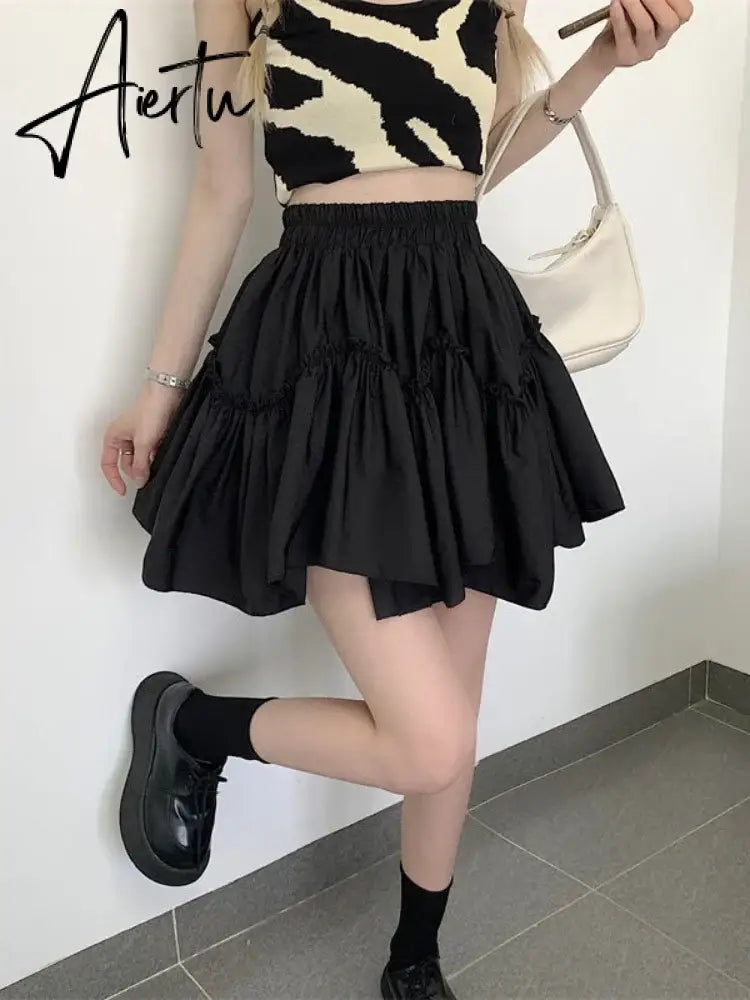 Aiertu Kawaii Mini Skirts Women White Fungus Patchwork Summer Sweet Cute Pleated Skirt Black Goth Lolita Preppy Style Y2k Aiertu