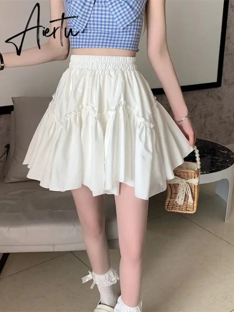 Aiertu Kawaii Mini Skirts Women White Fungus Patchwork Summer Sweet Cute Pleated Skirt Black Goth Lolita Preppy Style Y2k Aiertu