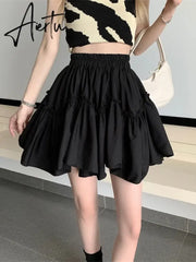 Aiertu Kawaii Mini Skirts Women White Fungus Patchwork Summer Sweet Cute Pleated Skirt Black Goth Lolita Preppy Style Y2k Aiertu